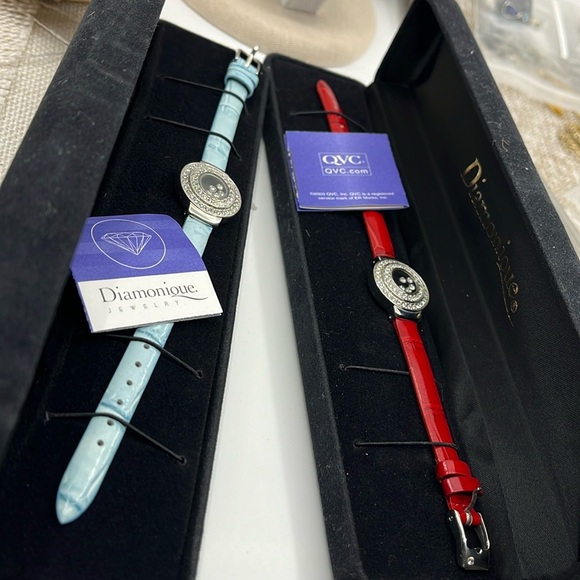 Vintage Diamonique Faux Watch Bracelets (2) - Red & Blue Bands with CZ Accents - Picture 1 of 10